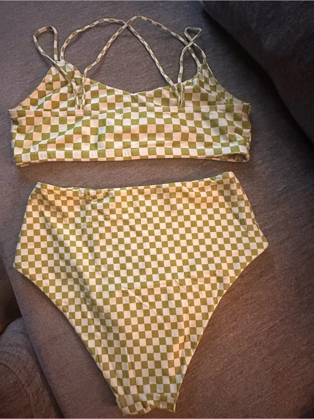 Checkerboard Two-Piece Bikini Set in Olive & White - Picture 2 of 4